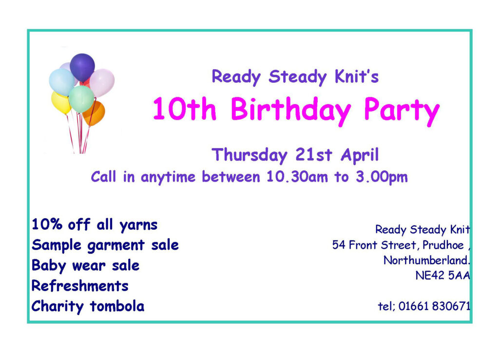 Ready Steady Knit 10th Birthday Party Poster